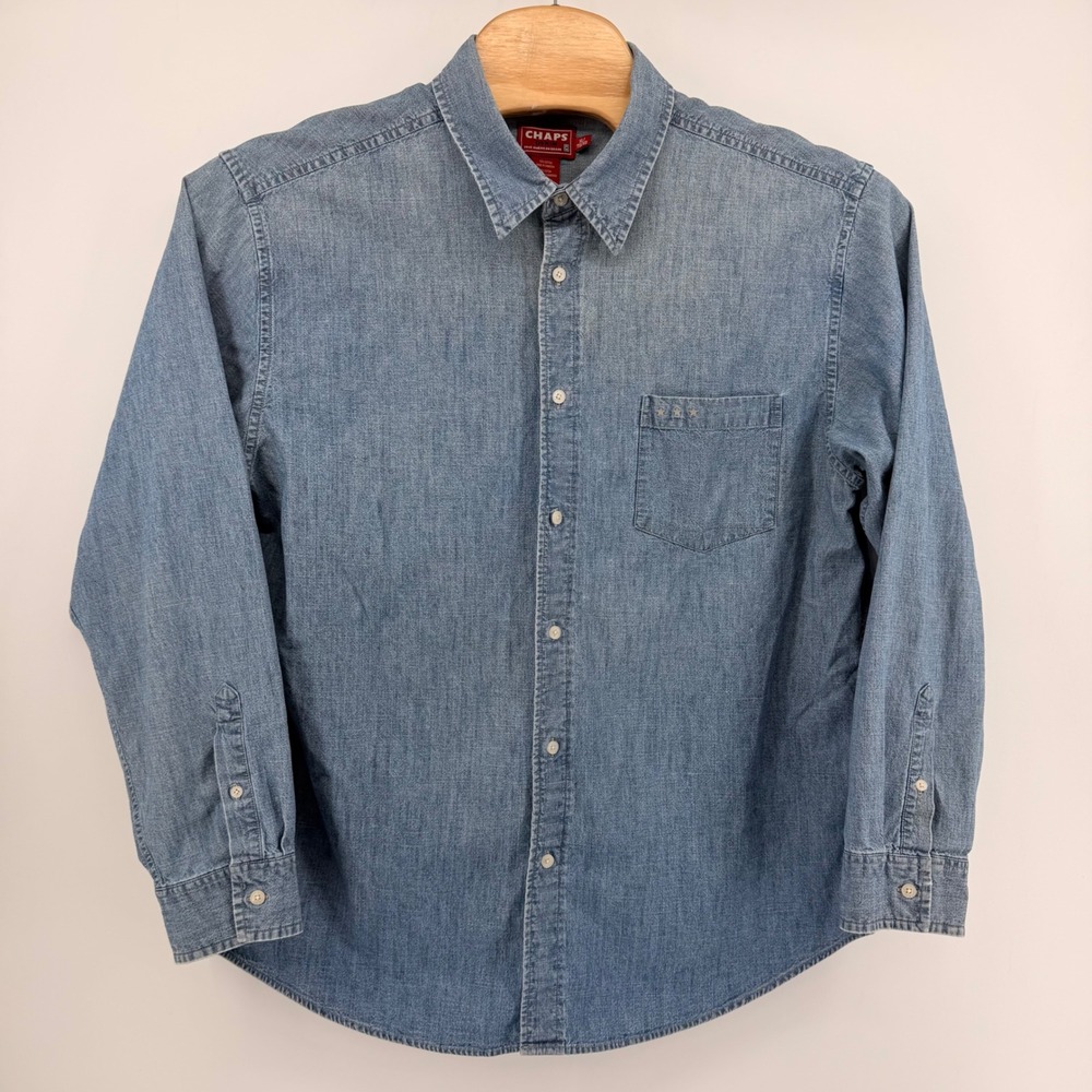 Chaps Button Down Mens XL Blue Denim Shirt Long Sleeve Pocket Star Embroidery